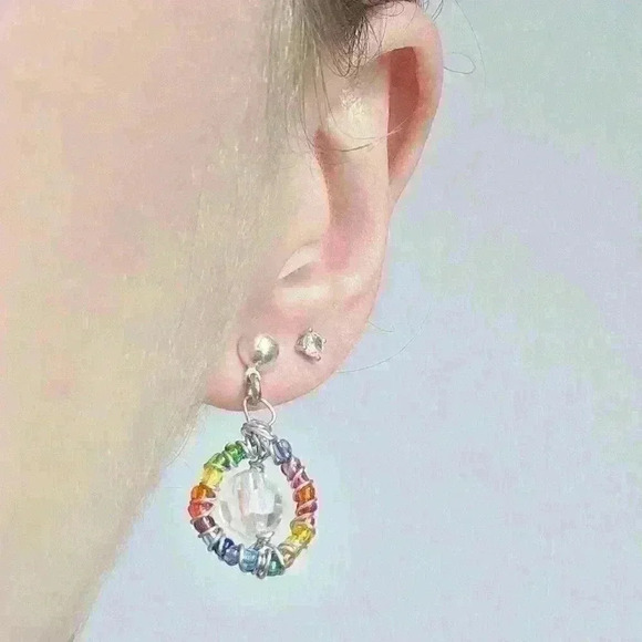Y2K mini rainbow hoop earrings ✦ unique  and handmade beaded silver hoops ✦ - Picture 1 of 6